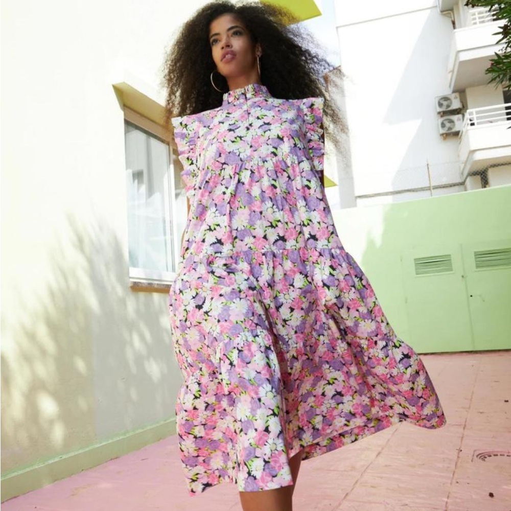 Cras Myra Ruffle Midi Dress Daisy Floral Pink-Multi Size M
